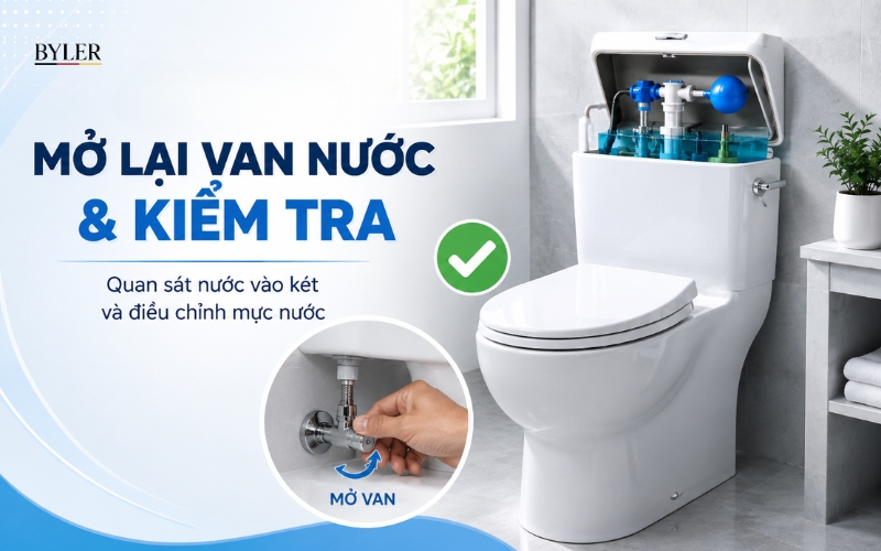 Mở lại van nước và kiểm tra thành quả Mở lại van nước và kiểm tra thành quả