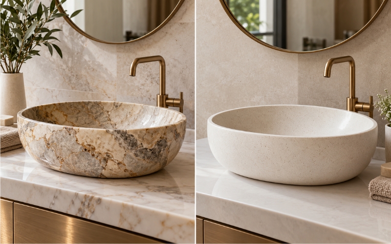 Lavabo đá tự nhiên và lavabo đá nhân tạo loại nào tốt hơn